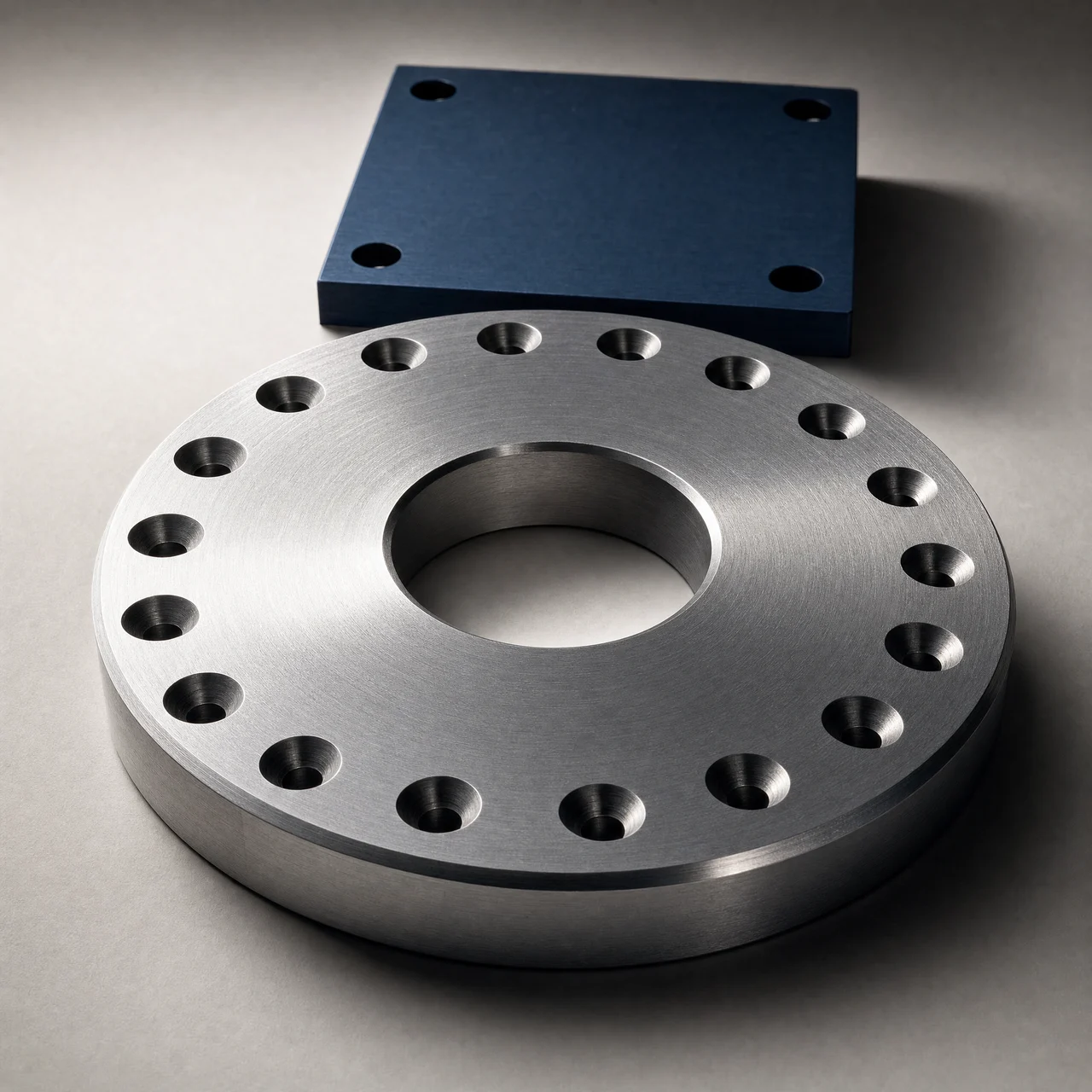 A circular metal flange and a drilled navy mounting plate