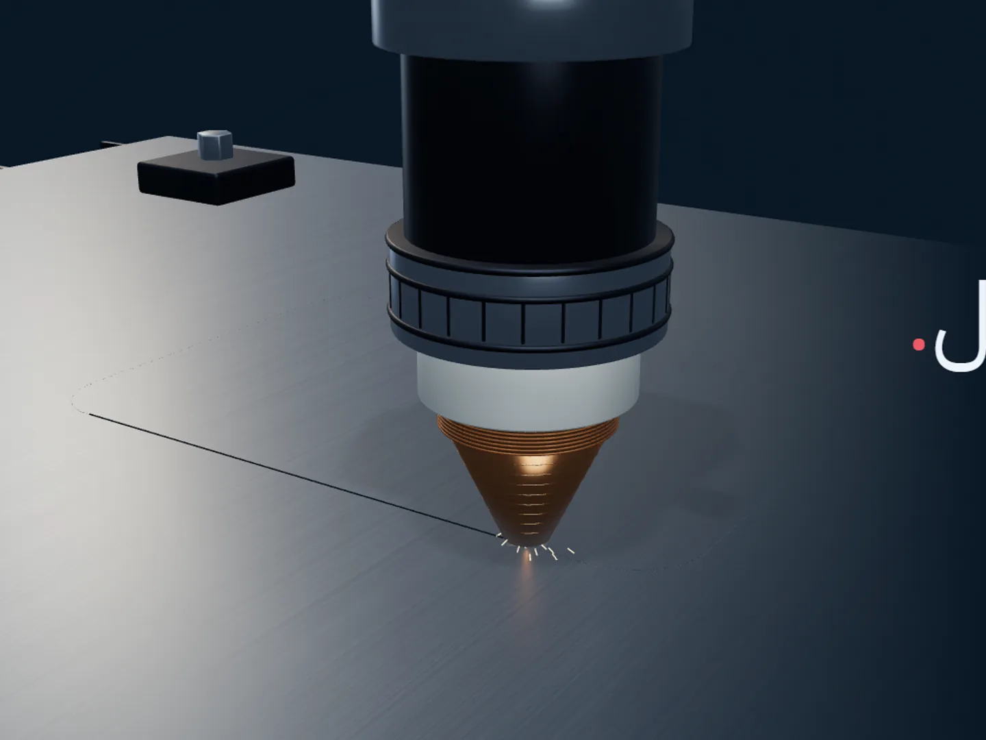 A copper laser-cutting head tracing a part in a metal sheet