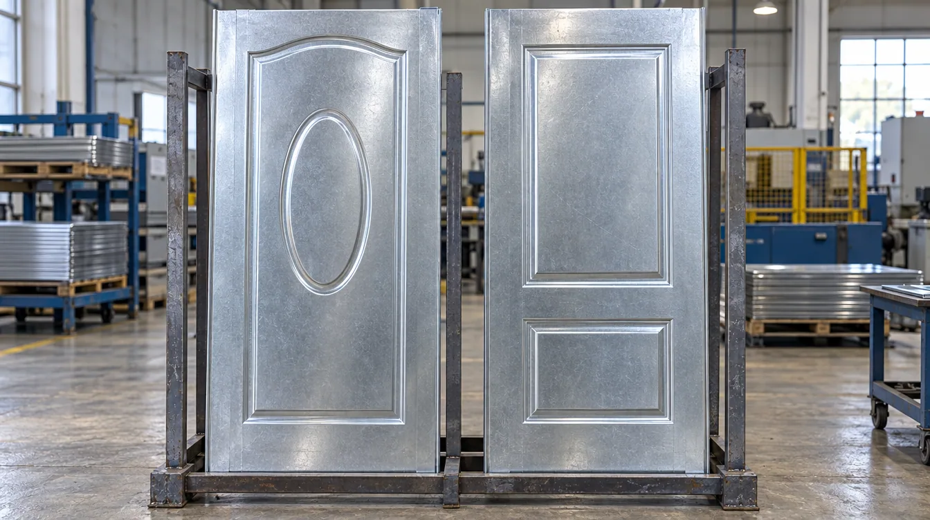 Metal door panels with raised and pressed forms